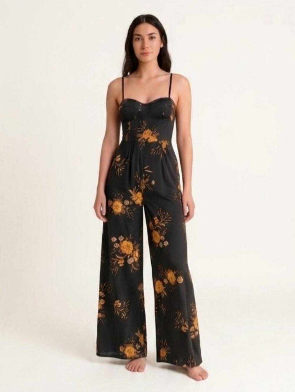 Band of Gypsies Black Floral Sweetheart Corset Wide Leg Jumpsuit Boho Maxi Sz XS